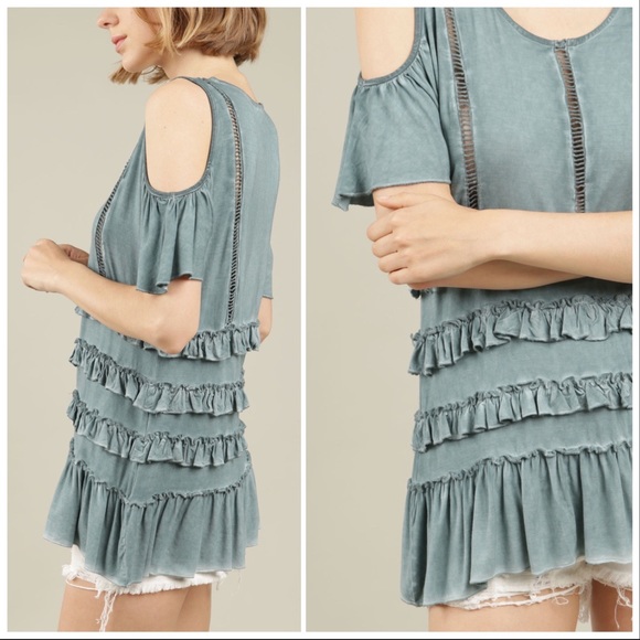 Charcoal Boho Burnout Cold Shoulder Ruffle Top - Picture 7 of 9